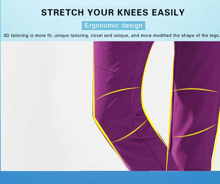 Close-up of purple women's pants showing ergonomic design for easy knee movement with 3D tailoring and highlighted seams.